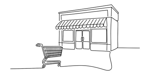 Continuous single line drawing of a small shop store building with a shopping cart in front for retail and consumerism concept Vector, illustration © Surjo Stocker_2026