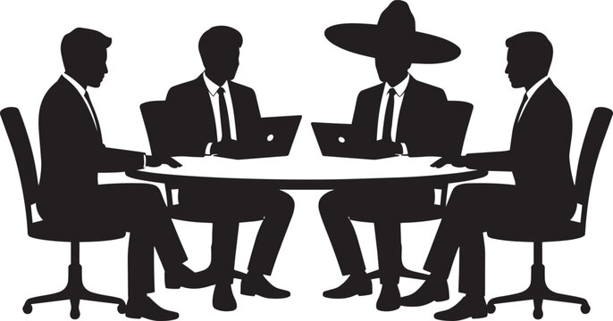 Business people at a table with laptops wearing a sombrero vector illustration with round table