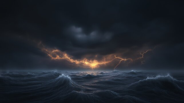 Massive storm over a vast ocean, dark clouds swirling with lightning flashes as towering waves rise, dramatic seascape capturing raw power, tension, and intense natural energy