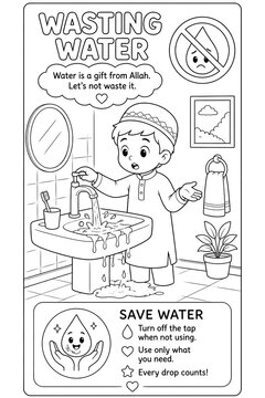 Save Water Islamic Educational Coloring Page for Kids - Muslim Boy at Sink Cartoon Poster