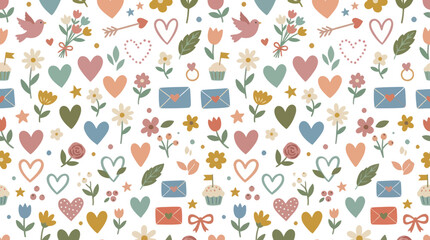 Obraz premium Cute Valentine's Day Seamless Pattern with Hearts and Flowers, Flat Style