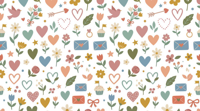 Cute Valentine's Day Seamless Pattern with Hearts and Flowers, Flat Style