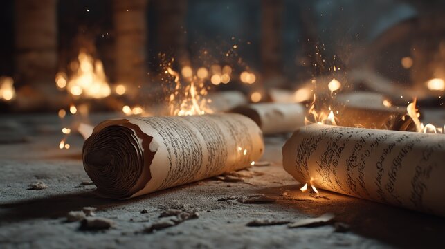 Ancient scrolls burning on temple ground, glowing flames consume aged paper with mystical atmosphere, dramatic firelight and sacred ruins evoke loss, history, and ritual destruction