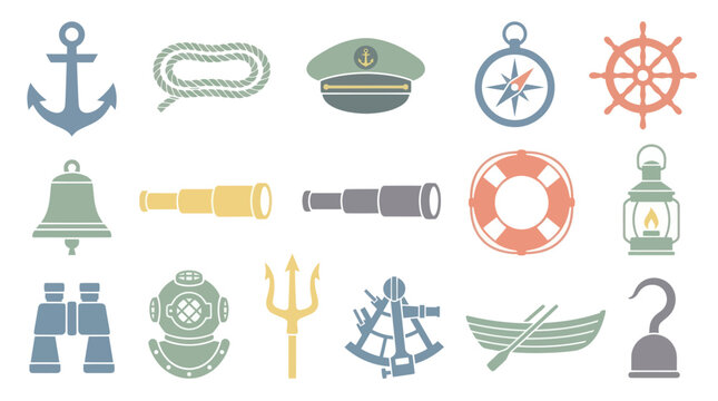 Flat Nautical Icons Set - Marine Sea Ocean Symbols Collection