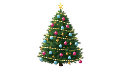 Fototapeta premium Vibrantly decorated christmas tree with star, baubles, and as isolated element