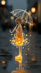 Naklejka premium Cheerful neon doodle cartoon of a cute girl under umbrella with hanging stars, glowing bokeh lights create dreamy magical mood, colorful playful night scene, soft aesthetic and fantasy vibe