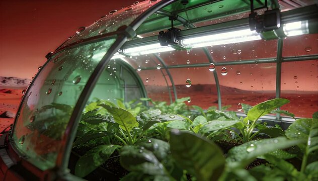 Space Exploration space exploration greenhouse with green plant clear dome and bright light red landscape, future farm for sustainable food with humid light, curved glass indoor garden, moisture