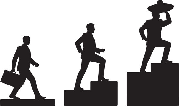Businessmen climbing stairs in silhouette against a white background progression concept with moving