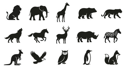 Obraz premium Wild Animals Silhouettes Set. Nature Wildlife Zoo Mammals Birds Glyph Icons Vector Collection