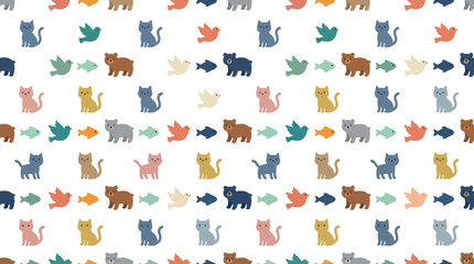 Obraz premium Cute Cartoon Animals Pattern: Cats, Bears, Birds, Fish
