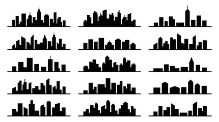 Naklejka premium Black and White Skyline Silhouettes, Cityscape Icons, Vector Art