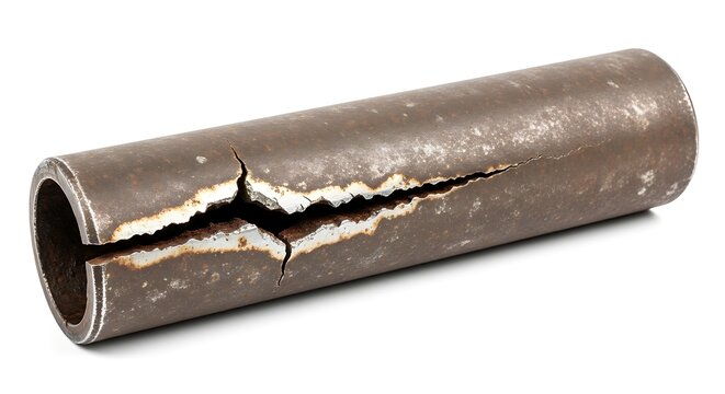 Broken metal pipe with crack damage.