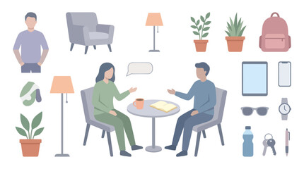 Fototapeta premium Flat illustration of people and home objects, vector graphic
