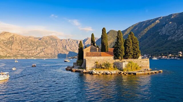 Island church with cypress trees and mountains in the background