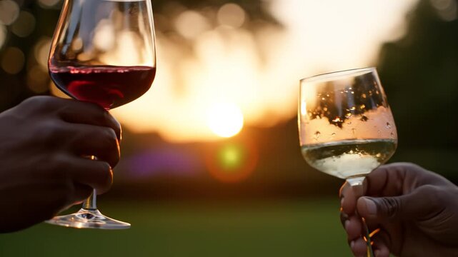 Two hands clinking wine glasses at sunset perfect for scenic backgrounds and natural storytelling