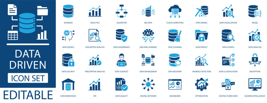 Data driven icon set featuring analytics, cloud computing, data science, cybersecurity, and business intelligence symbols.