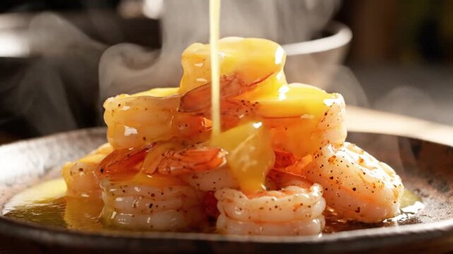 Garlic Butter Sauce Pouring over Grilled Shrimp Skewers