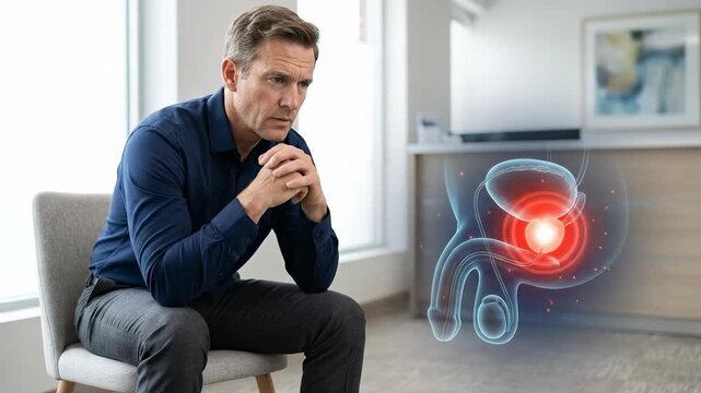 Male health dilemma: acute problem, personal pain, urogenital discomfort, erectile dysfunction, prostate condition, man worry, biologic issue, medical concern, male anatomy.