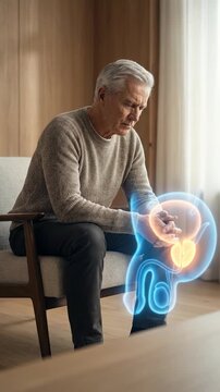 Mature man endure: health problem, body pain, inner discomfort, gland condition, sexual dysfunction, male urology, aging issue, medical concern.