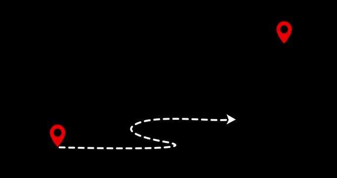 Animated two location point connections on a dashed line with lines arrow direction on a black background. Two location a pin icon loading animation