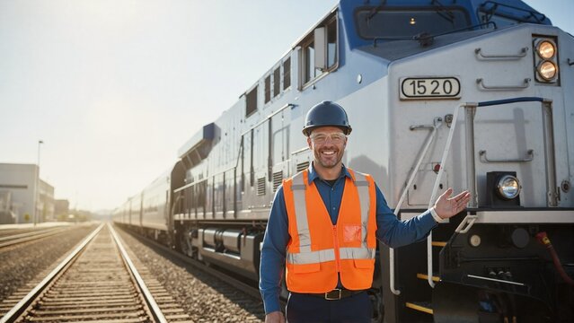 Male railway worker in orange safety vest gesturing towards train. Professional man in hard hat at rail yard. Transportation and logistics industry concept