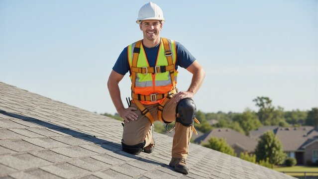 Professional roofer in safety harness and hard hat on residential roof. Construction worker kneeling on shingles. Home maintenance and repair service