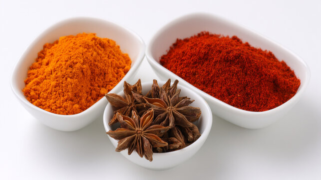 Top view of spices with turmeric chili powder and star anise in white dishes, seasoning