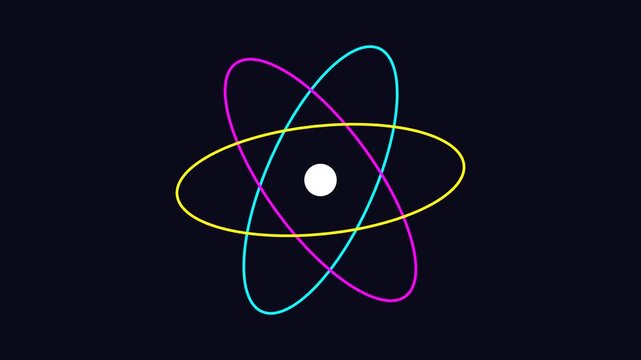 3D render of orbital rings rotating around central core on dark background creating atom style animation designed for science visuals, motion graphics and video overlays