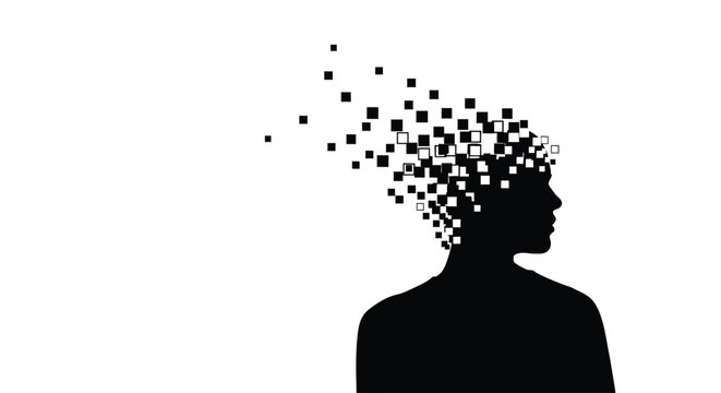 Conceptual vector illustration of a human head profile dissolving into pixels or squares