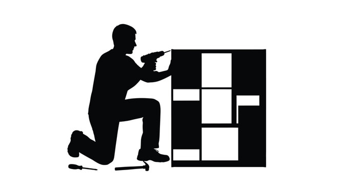 Silhouette vector illustration of a tradesperson kneeling while using a power drill to assemble furniture modules