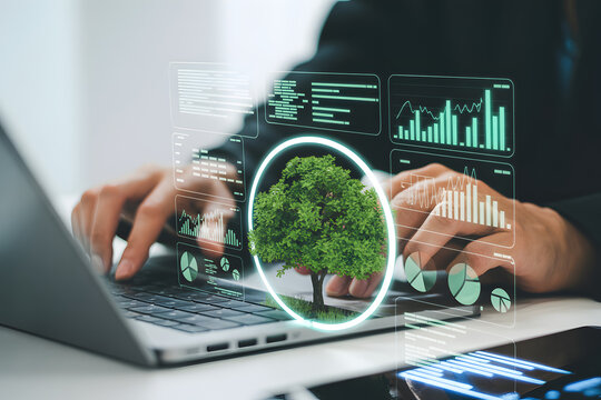 Person analyzing digital forest growth data on laptop with holographic interface and green tree