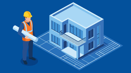 A construction worker stands confidently holding a rolled-up blueprint beside a modern building design, representing the foundation of architecture, planning, and construction endeavors. © ddchuan