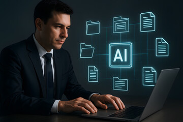 Fototapeta premium Business Professional Working with AI File Management Interface on Laptop