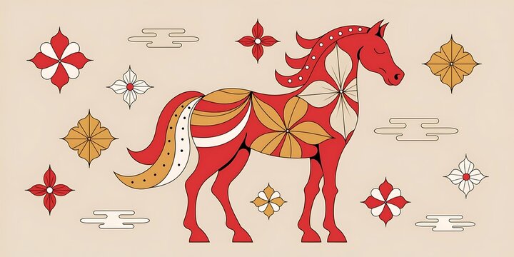 Red horse graphic with floral and geometric embellishments design element stylized animal abstract pattern horse illustration animal art decorative pattern artistic illustration