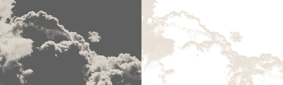 A split image of clouds against a dark gray and a bright transparent background
