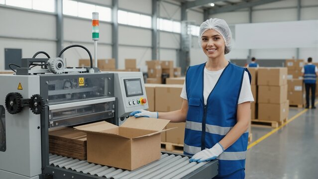 Smiling female factory worker operating packaging machine in warehouse. Young woman in safety vest working on industrial conveyor belt with cardboard boxes