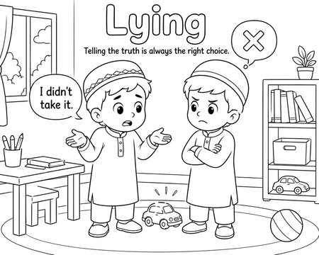 Lying and Honesty Educational Coloring Page for Muslim Kids - Telling the Truth Islamic Moral Story Poster