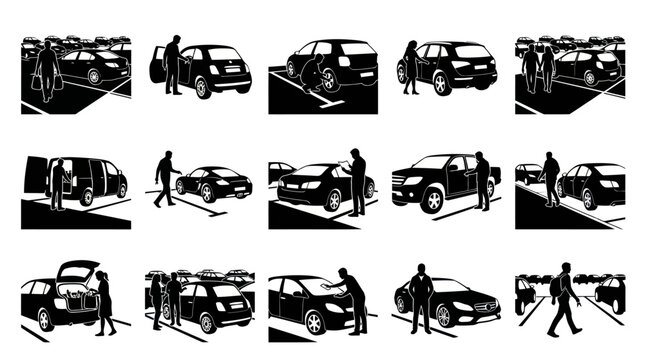 Black and White Glyphs of People and Cars in Parking Lots