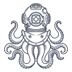 Vintage diving helmet with octopus tentacles in a clean black line style. © NAZMA