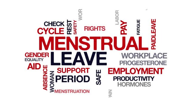 Menstrual leave concept Animated Tag Word Cloud kinetic typography, Text Design Animation typography seamless loop video motion graphics Intro Wordart workplace red grey type on white background bg ba