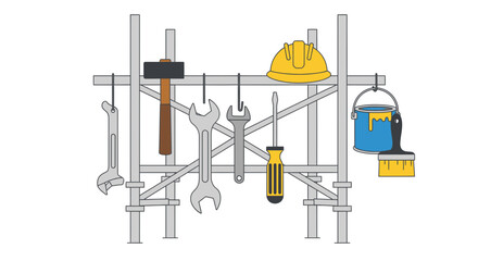 Construction Scaffolding with Tools and Safety Helmet © Fitra