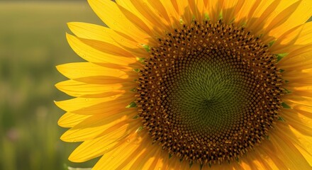 Fototapeta premium A vibrant sunflower stands tall in a field of green, its bright yellow petals radiating warmth against the backdrop of a clear blue sky.