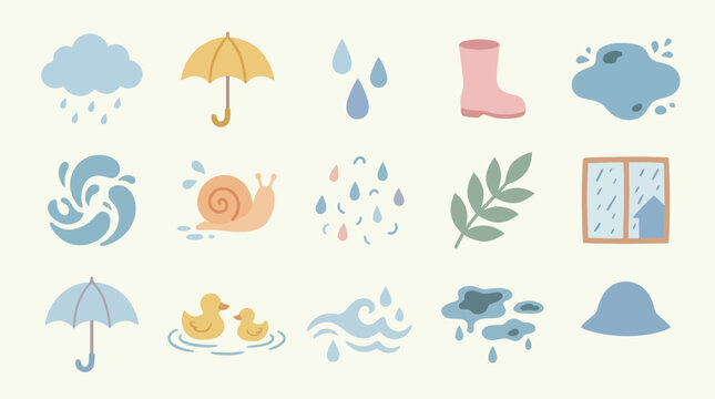 Cute Weather Rain Icons Set - Flat Vector Illustration of Wet Season Elements