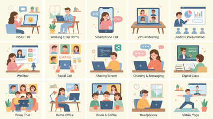 Obraz premium Flat Vector Illustrations of Remote Work, Online Communication, and Virtual Learning Activities