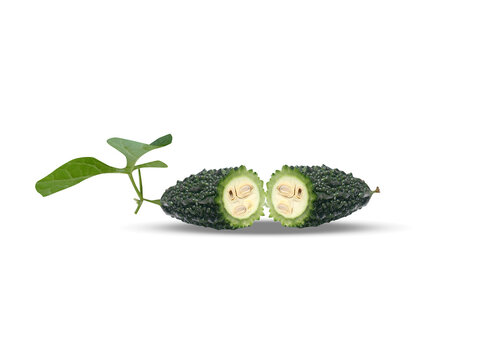 momordica charantia or bitter melon green fruit with slice isolated on a white background