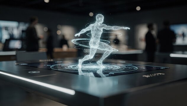 Detailed view of a dynamic volumetric video playback on a holographic media table with the peripheral showroom environment and patrons gently blurred.