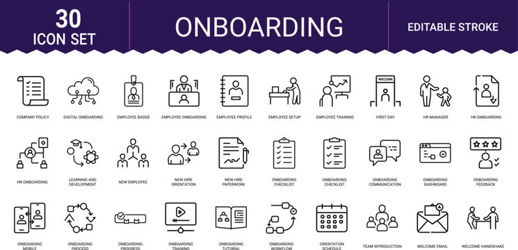 Onboarding icon set for employee orientation human resources and new hire process design.