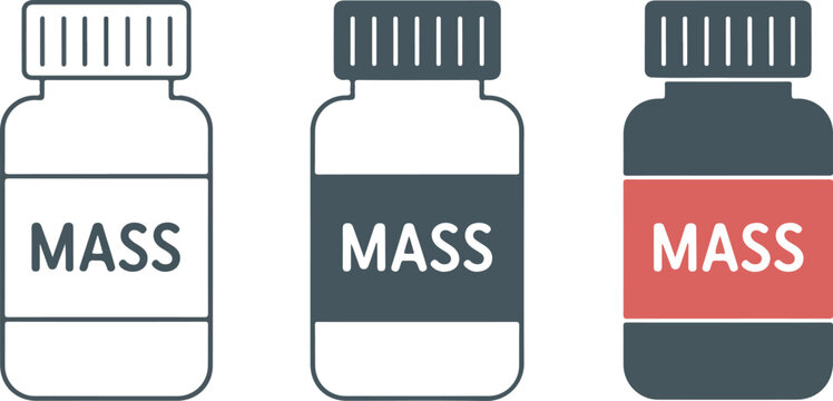 Minimalist pill bottle icon set labeled MASS in line solid and label styles pharmaceutical design on white