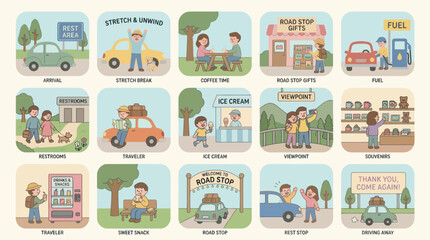 Fototapeta premium Flat Design Vector Icons of Road Trip Activities, Automotive, Travel Leisure