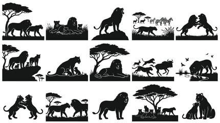 Obraz premium African Lion Family Silhouettes - Wildlife and Savanna Big Cat Vector Set